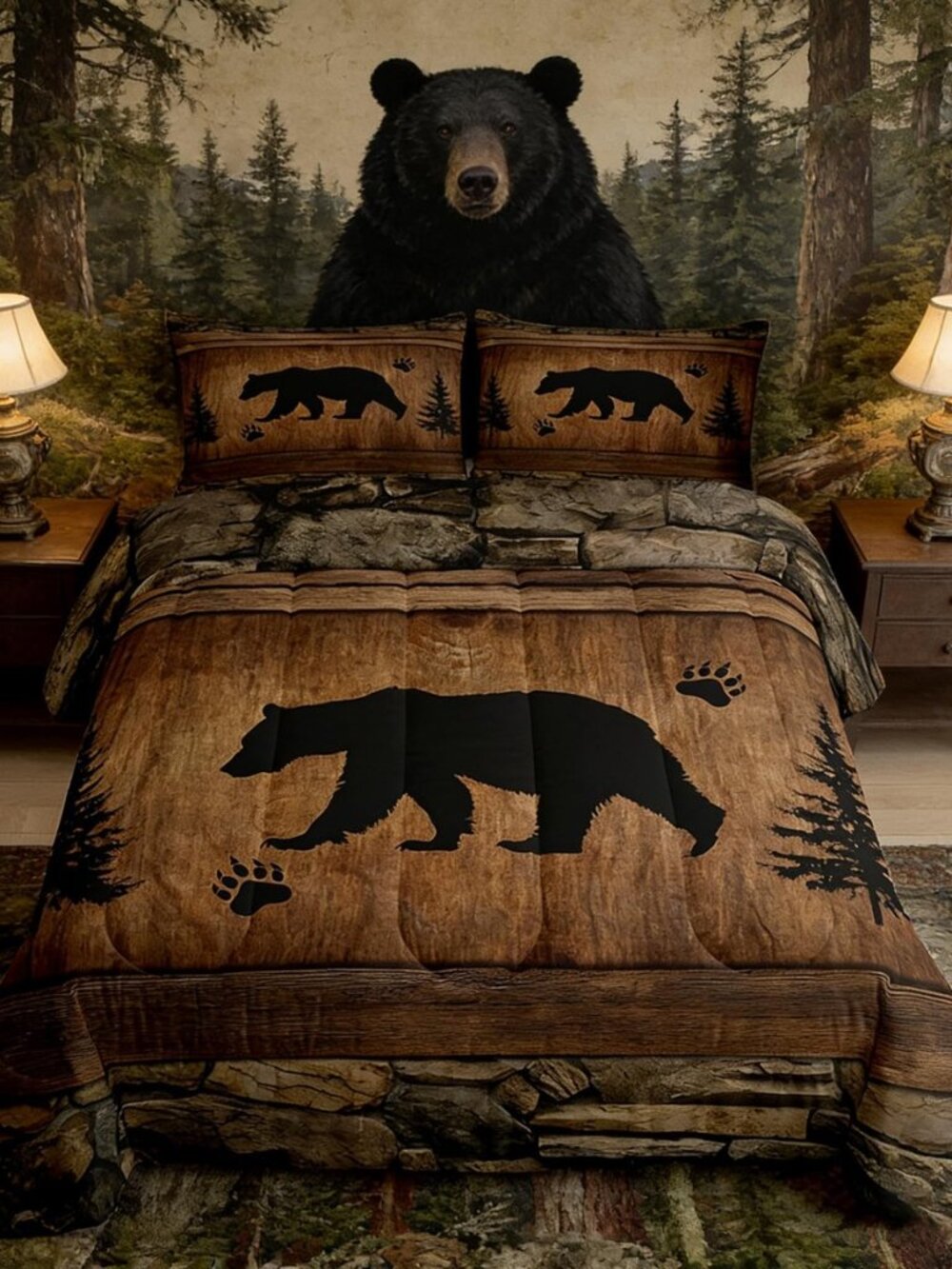 Rustic Bear Comforter Set Queen Size,Wild Animal Hunting Bedding Set